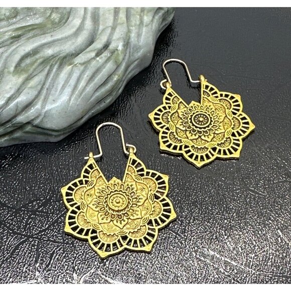 Mandala Inspired Boho Floral Gold Earrings With Intricate Detailing - Picture 5 of 5